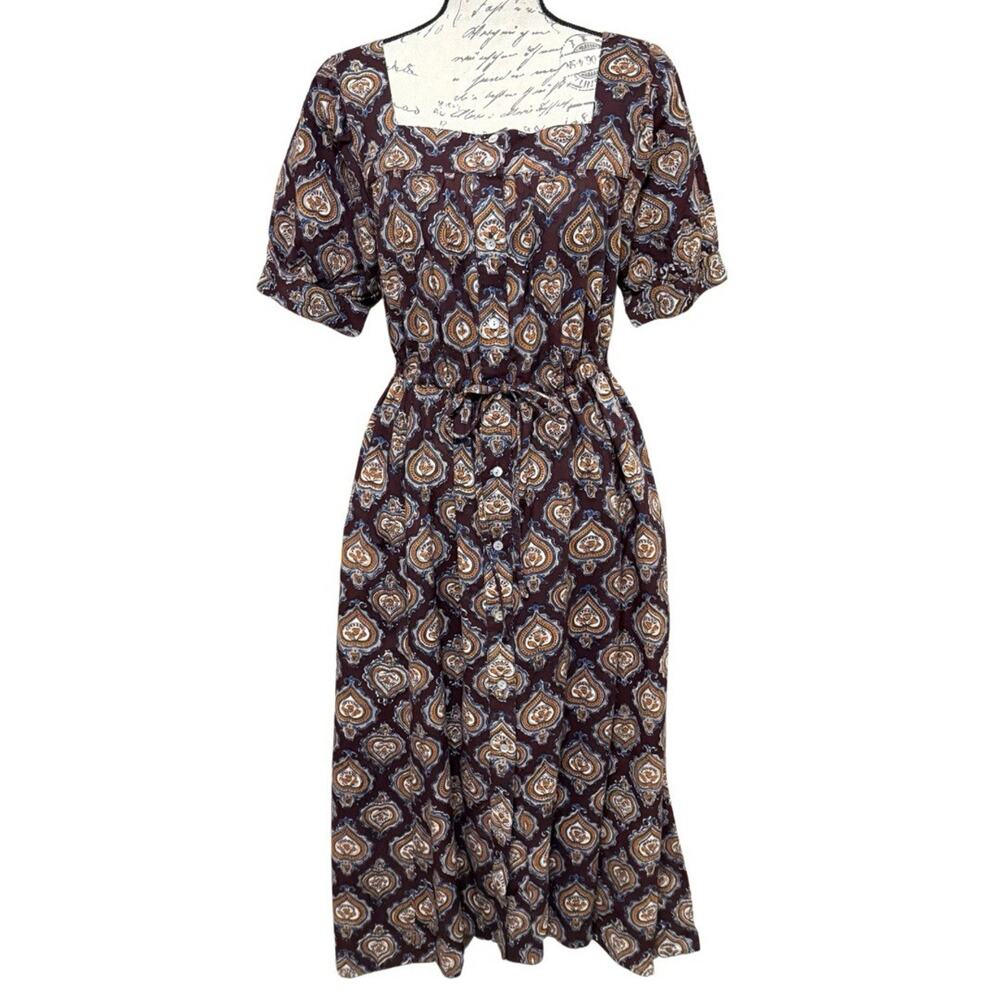 Pure Jill Elements Square Neck Shirt Dress Size S Brown Boho Print Tie Waist EUC